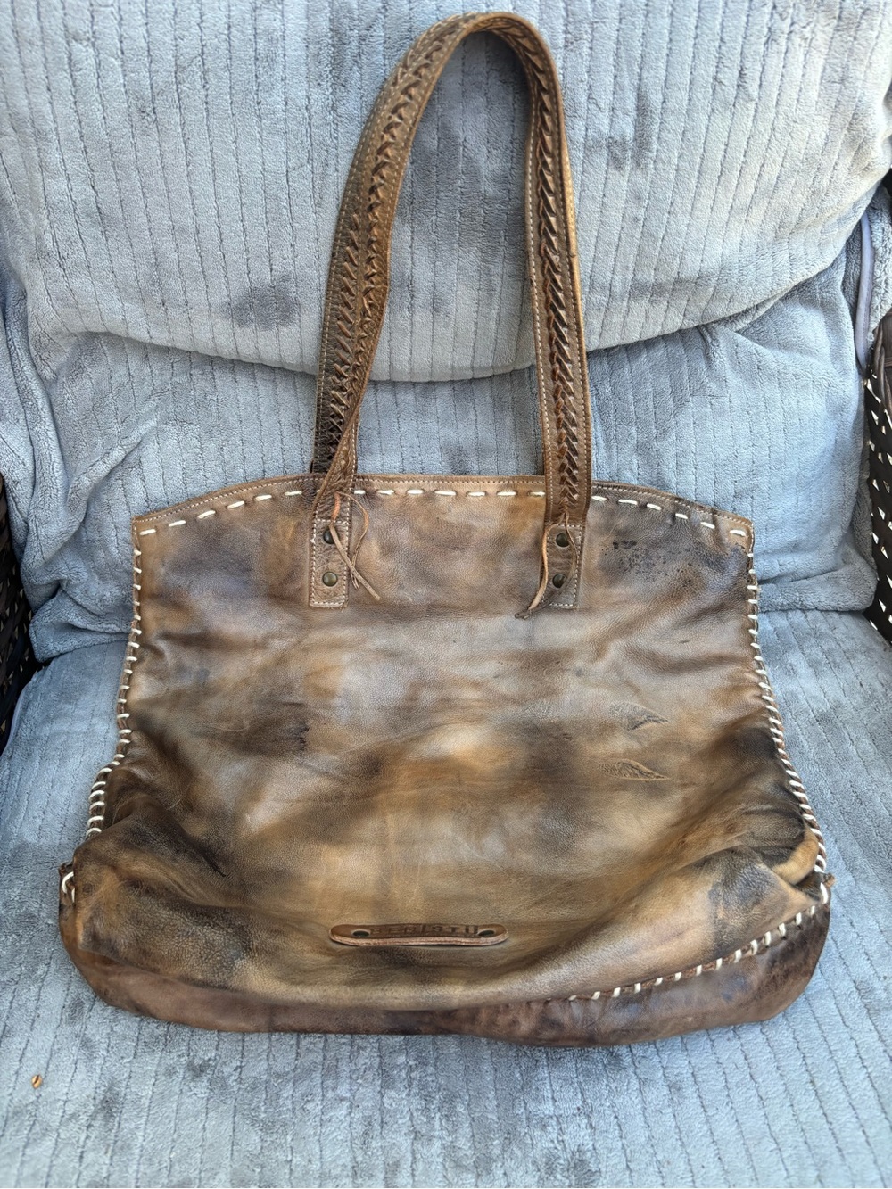 Soft Distressed Brown Leather Tote with Braided Straps